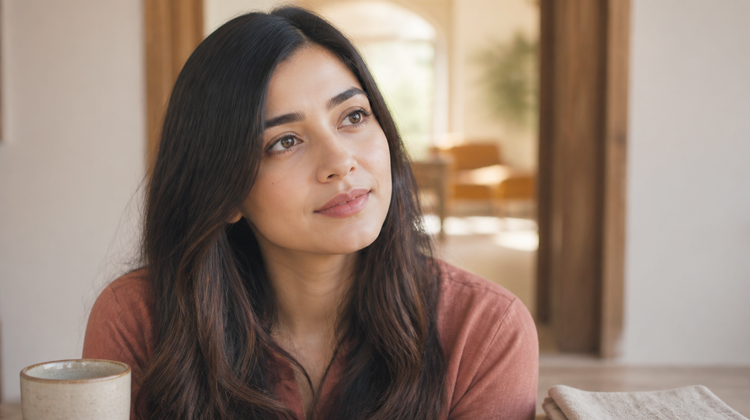 An Indian woman in soft evening daylight with smooth, evenly textured skin, illustrating the gentle exfoliation lactic acid provides