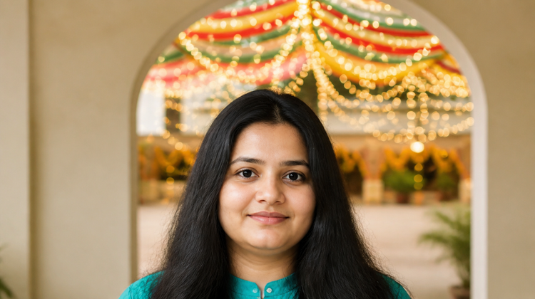 Young Indian woman in a teal kurta with calm, clear skin, a courtyard decorated for Navratri garba glowing behind her