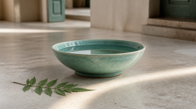 A shallow eucalyptus-green glazed stoneware bowl of clear water on pale stone, with a crescent of window light and a fresh neem sprig alongside - a calm image for an article on premenstrual acne.