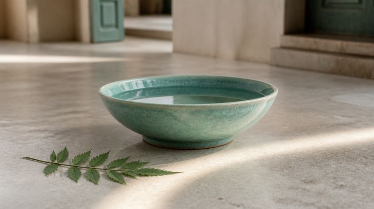 A shallow eucalyptus-green glazed stoneware bowl of clear water on pale stone, with a crescent of window light and a fresh neem sprig alongside - a calm image for an article on premenstrual acne.