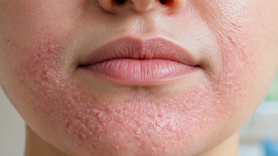 Close-up of the skin around a woman's mouth and chin showing a fine crowded field of small pink bumps with a clear unaffected rim of skin hugging the lip border, the hallmark of perioral dermatitis