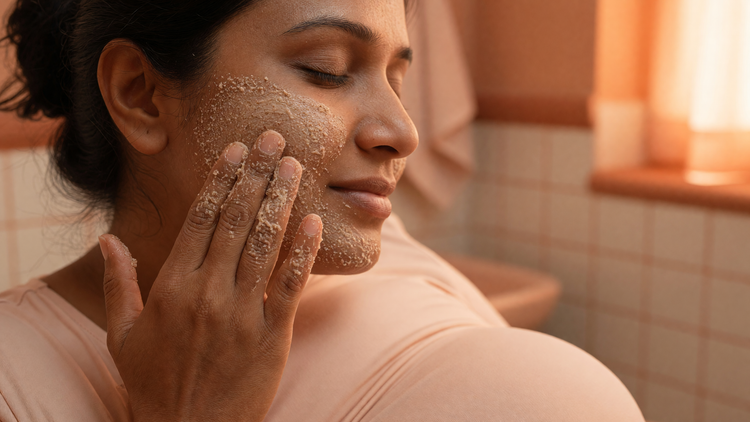 A pregnant Indian woman gently massages a fine grain scrub into her cheek in warm light.