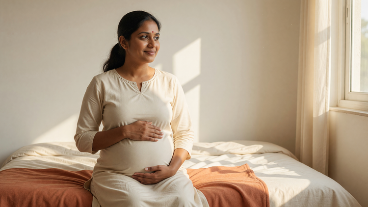 Pregnant Indian woman with warm brown skin and clear skin seated by a sunlit bedroom window, hands resting on her bump