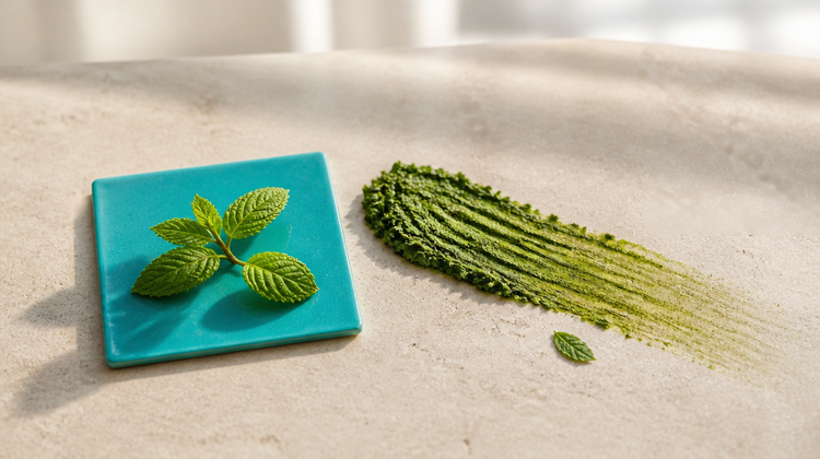 A fresh mint sprig on a teal ceramic tile beside a swipe of ground mint paste on pale stone