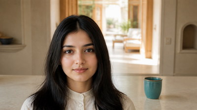 A young woman standing in a bright home doorway in the morning, skin looking clean and calm, with a teal ceramic beaker on the counter beside her