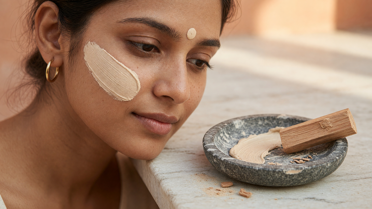 Indian woman with a sandalwood (chandan) paste swatch on her cheek beside a stone dish of freshly ground chandan paste