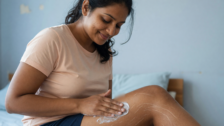 Indian woman seated on a bed massaging moisturiser into pale stretch marks on her thigh