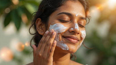 Indian woman applying sunscreen to her face outdoors in bright morning sunlight