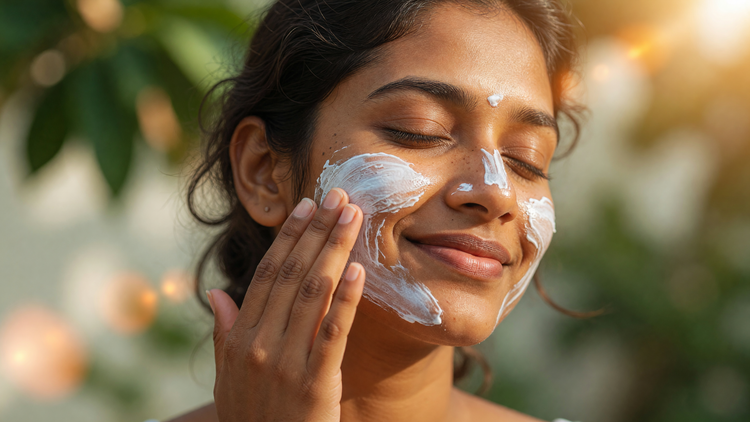 Indian woman applying sunscreen to her face outdoors in bright morning sunlight