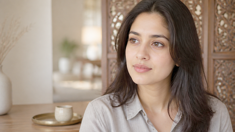 An Indian woman at a light-oak table in a warm Indian home, considering an Ayurvedic approach to pimples