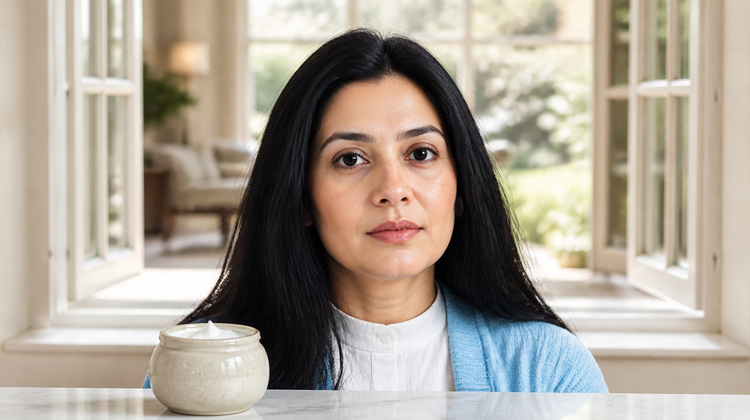 A woman at home with dry, finely textured skin and slight under-eye puffiness, signs that can accompany an underactive thyroid