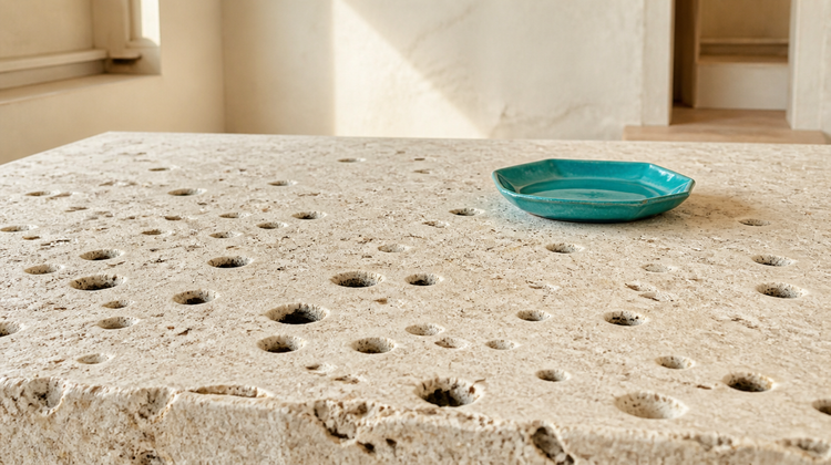 A macro of pale porous limestone whose cavities are in two states - some open and dark, some stopped up flush with a pale plug - beside a teal glazed dish, illustrating what pore-clogging means.