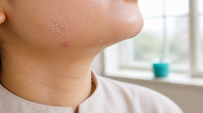 Close view of a young woman's jawline in cold winter daylight, showing a small dull-red pimple and a separate patch of fine dry flaking higher on the cheek.