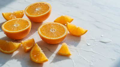 Fresh halved oranges and citrus segments with water droplets on white marble — vitamin C for brighter, even-toned skin.