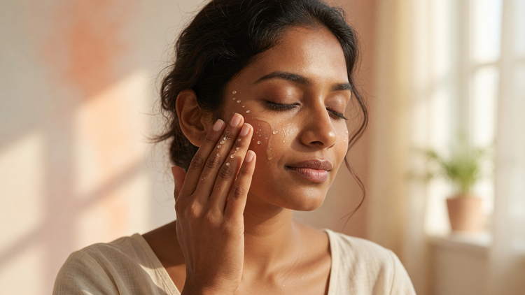 An Indian woman with warm brown skin applying a lightweight brightening serum to her cheek in soft morning light