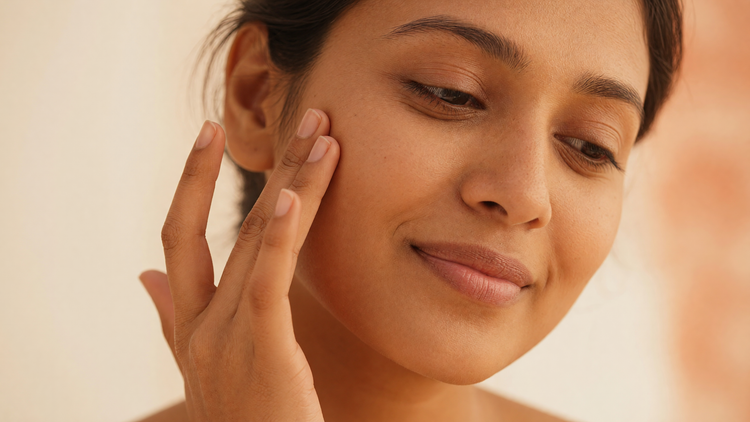 Indian woman with calm, clear, healthy skin gently touching her cheek, a reassuring visual about niacinamide and skin purging