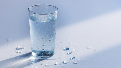 A cool glass of water with condensation and droplets — the difference between dehydrated skin and dry skin, and how to fix each.