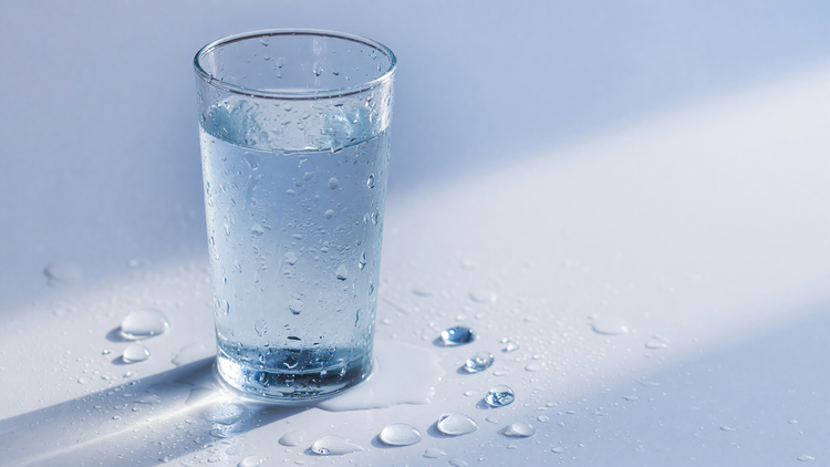 A cool glass of water with condensation and droplets — the difference between dehydrated skin and dry skin, and how to fix each.