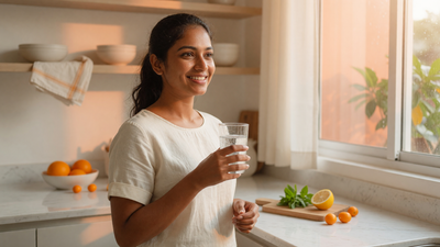 Radiant Indian woman with even, glowing skin holding a glass of water in a bright kitchen — inside-out skin brightening from within.