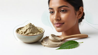 Multani mitti clay powder and paste with a green leaf and water droplets, with an Indian woman with warm brown clear skin in the background