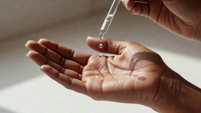 Indian woman dispensing niacinamide serum drops onto her palm in morning light