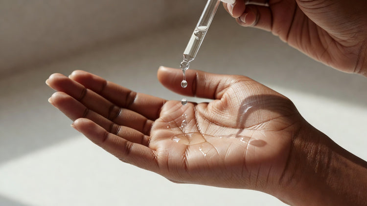 Indian woman dispensing niacinamide serum drops onto her palm in morning light