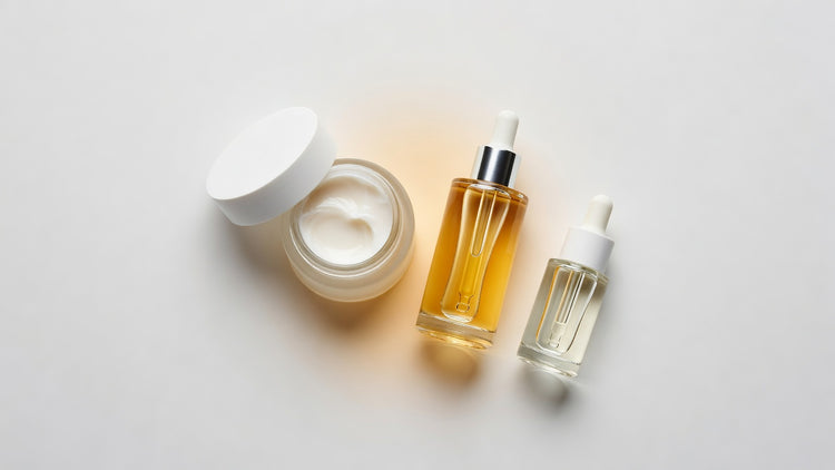 Three brightening formats — cream pot, serum dropper, liquid drops — on white surface with orange accent