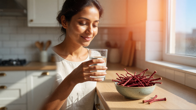 An Indian woman with glowing skin in a sunlit kitchen holds a glass of water beside a bowl of dried red manjistha (rubia cordifolia) roots.