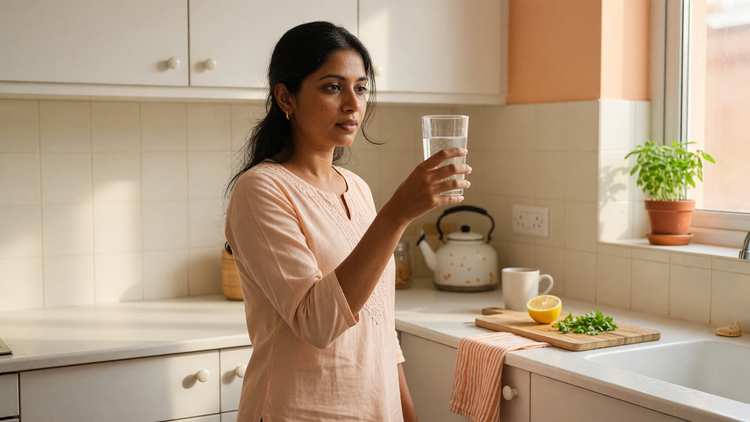 Indian woman thoughtfully holding a glass of water in a bright kitchen, considering an inside-out supplement