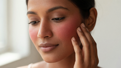 Close-up of an Indian woman with warm brown skin and sensitive, reactive cheeks showing natural redness, touching her face gently