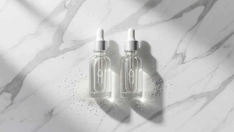 Two skincare serum bottles representing AHA and BHA chemical exfoliants on white marble surface