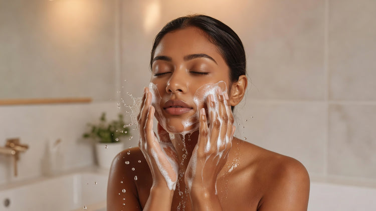 Indian woman cleansing her face with a gentle foam cleanser