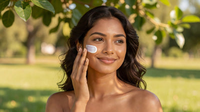 Indian woman with glowing skin applying sunscreen on her face in natural daylight