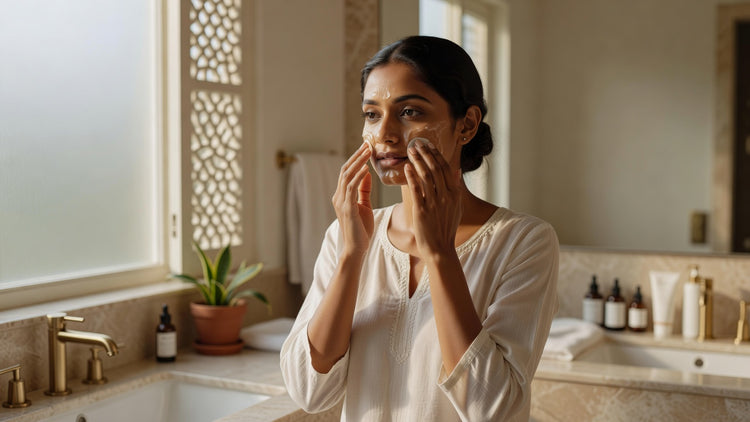 Indian woman applying serum to T-zone in morning light, oily skin care routine