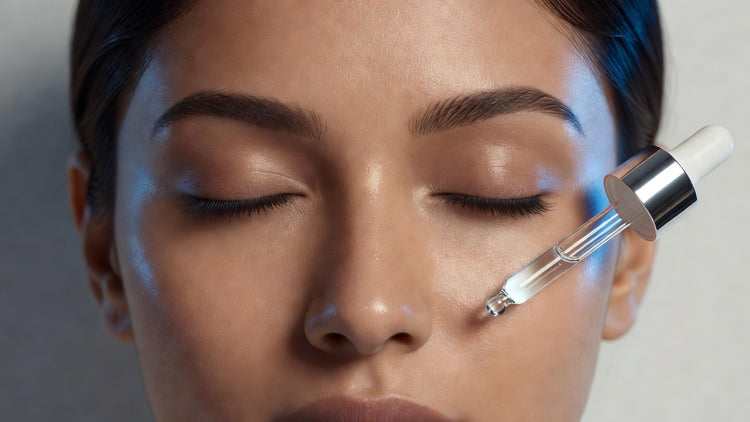 Close-up of Indian woman's closed eyes with smooth even under-eye skin, serum dropper nearby