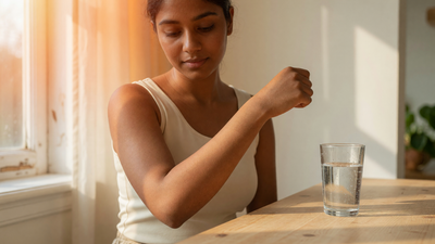 Young Indian woman with warm brown skin in bright natural sunlight examining an uneven tan on her forearm, a glass of water on the kitchen table beside her