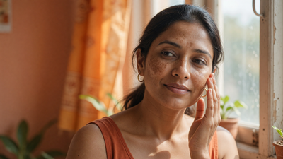 Indian woman with melasma pigmentation on her cheeks in soft morning light