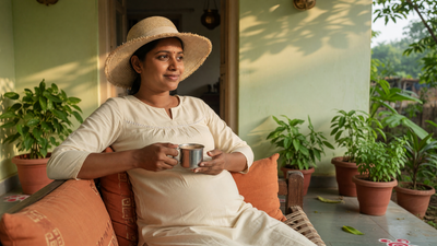 Pregnant Indian woman in a sun hat resting in the shade of a verandah with a cup of tea, staying out of direct sun
