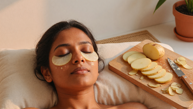 Indian woman relaxing with raw potato slices under her eyes beside freshly sliced raw potato