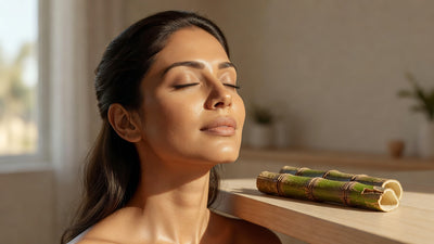 Indian woman with smooth glowing skin after exfoliation, sugar cane stalk beside her as glycolic acid source