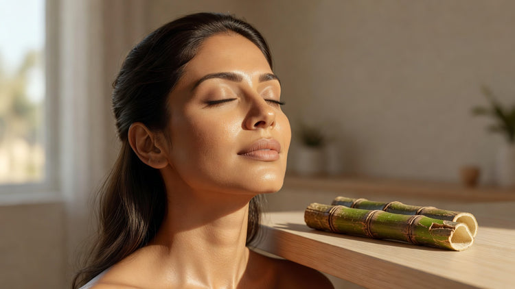 Indian woman with smooth glowing skin after exfoliation, sugar cane stalk beside her as glycolic acid source