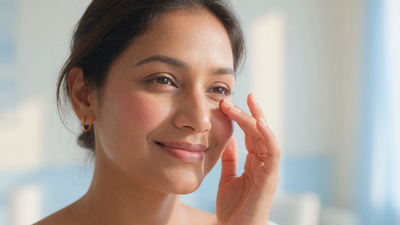Indian woman with firm radiant skin gently applying serum under her eye