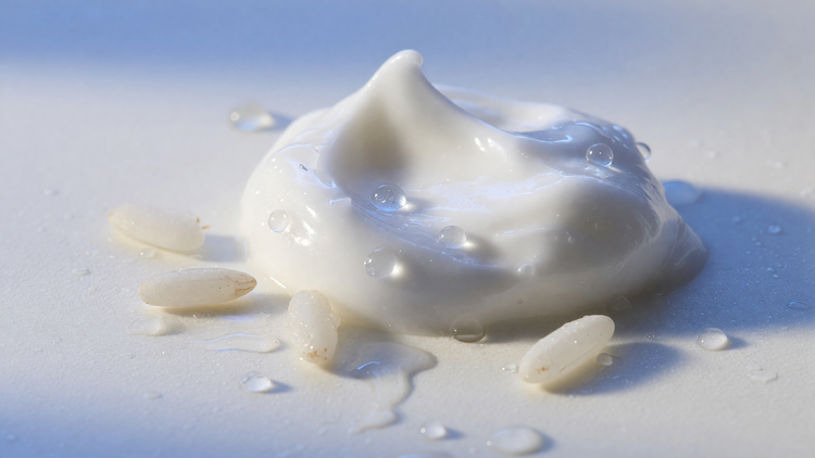 A rich dollop of white moisturiser with rice grains and water droplets — hydration for dry Indian skin with The Element Rice Water Moisturiser.