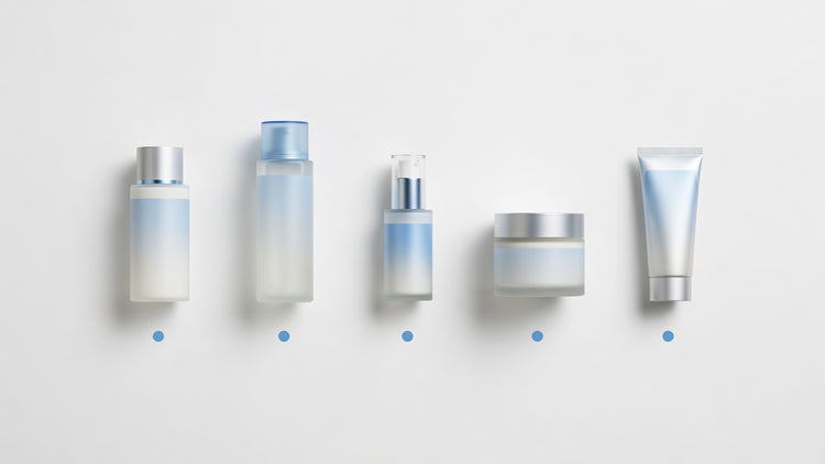 Five morning skincare products arranged left to right in application sequence on white surface