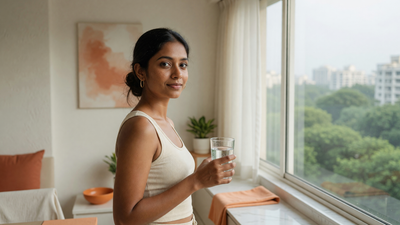 Indian woman holding a glass of water by a window with a green city view — antioxidant support for city skin.