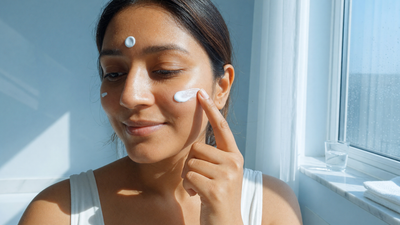 Indian woman with combination skin applying sunscreen to her face in bright daylight by a window