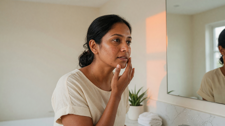 Indian woman with warm brown skin examining melasma on her cheek in a mirror in soft daylight.