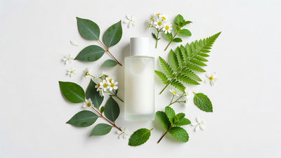 Clean oxybenzone-free sunscreen surrounded by pure botanical elements on white background