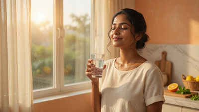 An Indian woman with glowing skin holding a glass of water by a sunlit kitchen window — an inside-out ingestible skincare ritual.