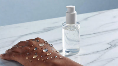 Water droplets on Indian skin with a hyaluronic acid serum bottle representing hard water skincare